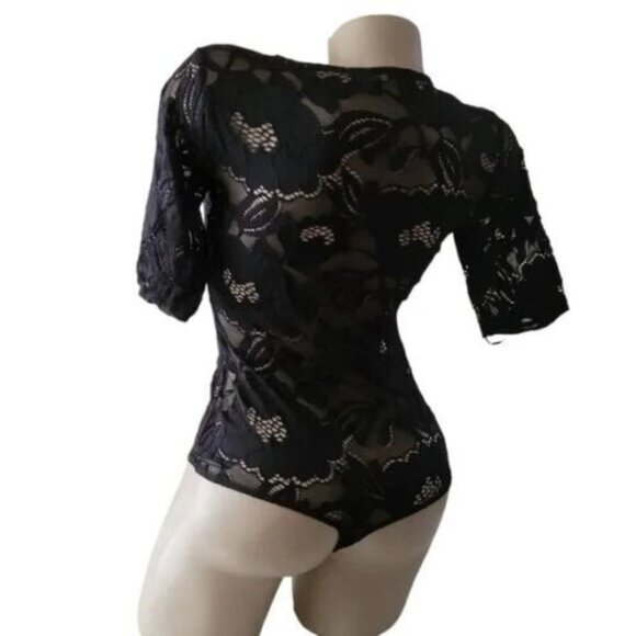 NWT Guess Black Lace Up Sheer Floral Lace Corset Bodysuit Mesh 1/4 Sleeve size S - Picture 3 of 16